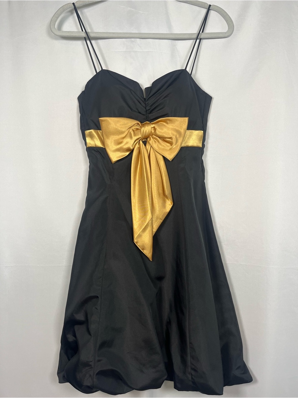 Xscape evening VTG y2k bubble hem taffeta black cocktail dress gold bow sz 4